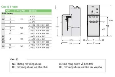Kích thước tủ trung thế RMU 1 ngăn Schneider RM6