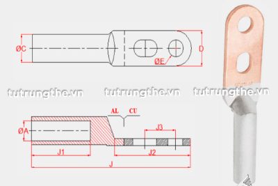 Bản vẽ cấu tạo đầu cos 2 lỗ đồng nhôm DTL