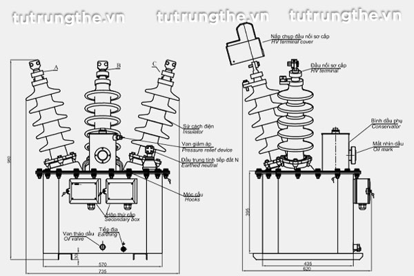 Bản vẽ cấu tạo hợp bộ đo lường MOF 24kV EMIC